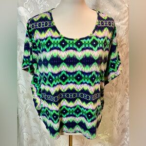 Attention Green White Blue Abstract Batwing Top
